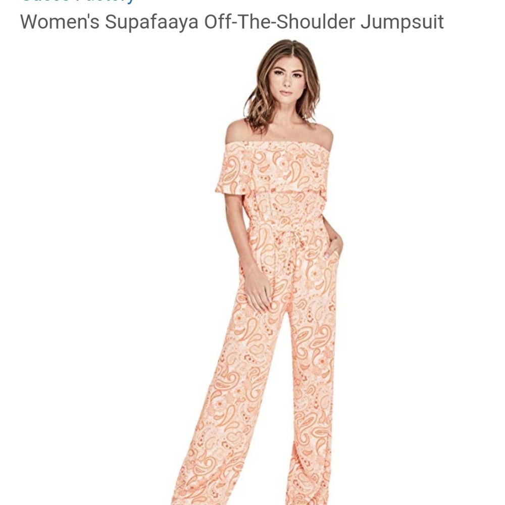 Guess off shoulder jumpsuit with matching clutch